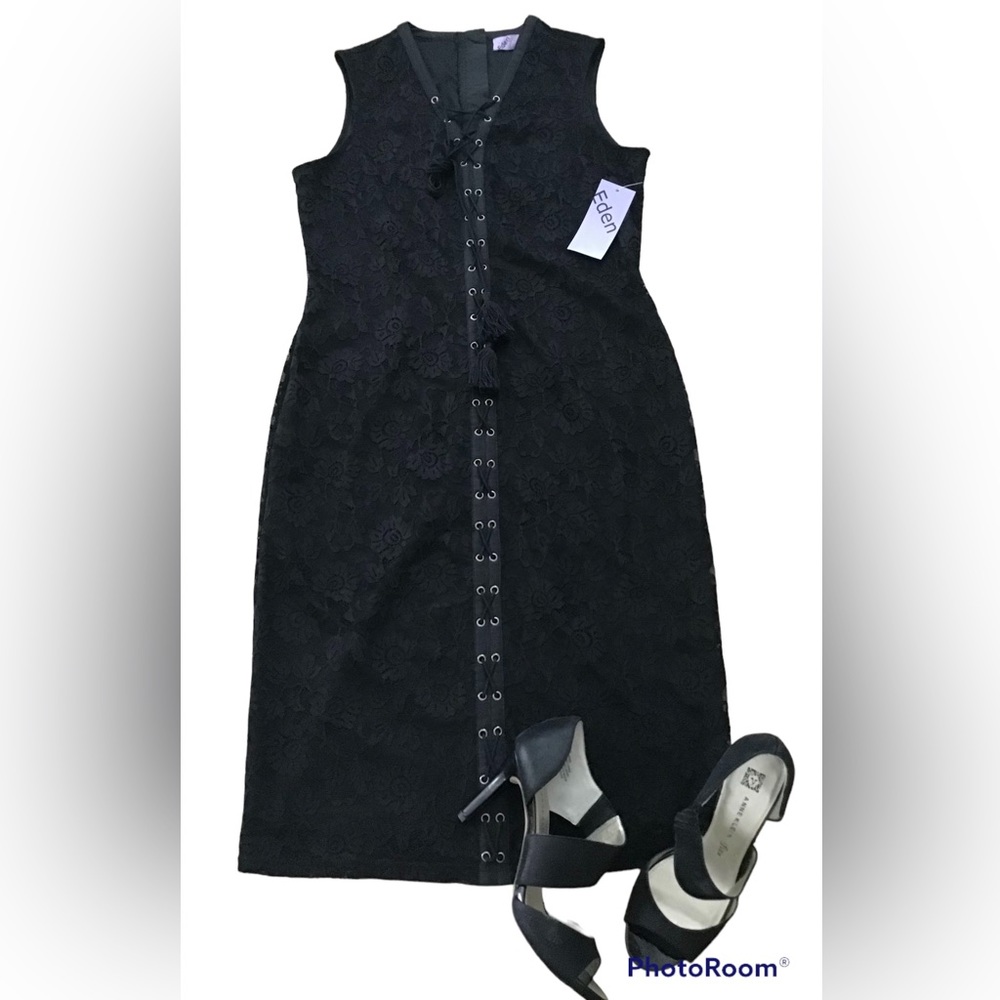 🆕 Eden 🌸 Beautiful! WOMEN'S BLACK slimming lace Dress NWT! Sz:L